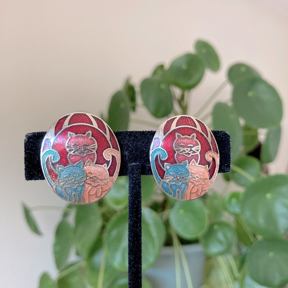 Vintage 90s Cloisonné Cat Clip on Earrings Cat Lady Enamel Earrings